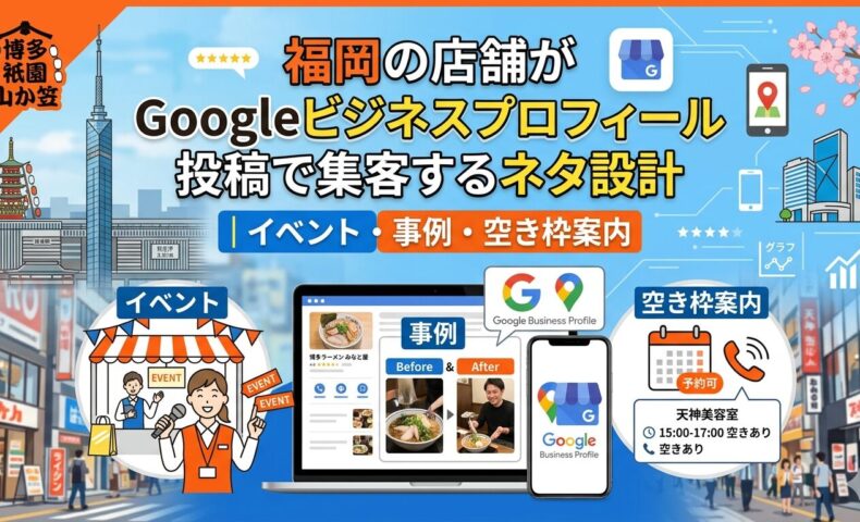 福岡の店舗がGoogleビジネスプロフィール投稿で集客するネタ設計を解説するアイキャッチ画像。イベント・事例・空き枠案内の3カテゴリをパソコンとスマホ画面のイメージで紹介。