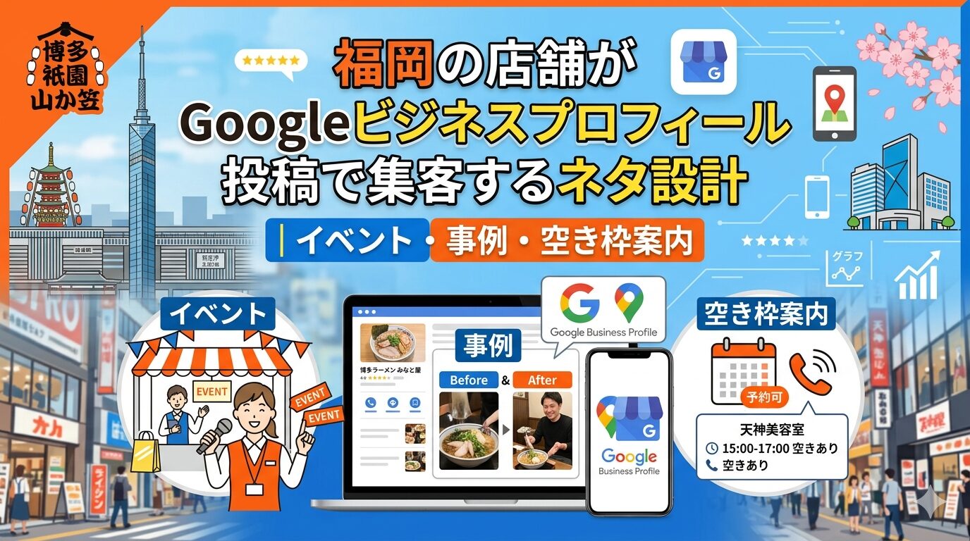 福岡の店舗がGoogleビジネスプロフィール投稿で集客するネタ設計を解説するアイキャッチ画像。イベント・事例・空き枠案内の3カテゴリをパソコンとスマホ画面のイメージで紹介。