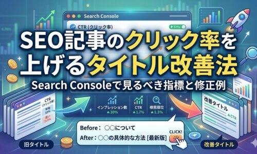 SEO記事のクリック率を上げるタイトル改善法とSearch Consoleで見るべき指標を示すアイキャッチ画像