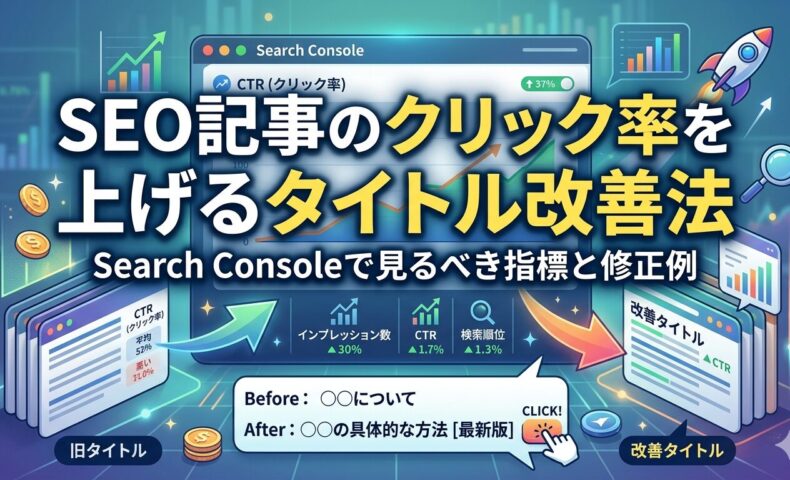 SEO記事のクリック率を上げるタイトル改善法とSearch Consoleで見るべき指標を示すアイキャッチ画像