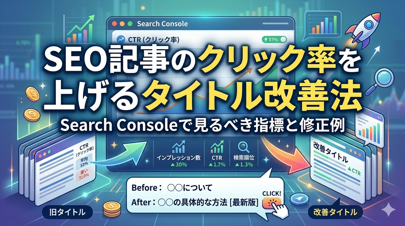 SEO記事のクリック率を上げるタイトル改善法とSearch Consoleで見るべき指標を示すアイキャッチ画像