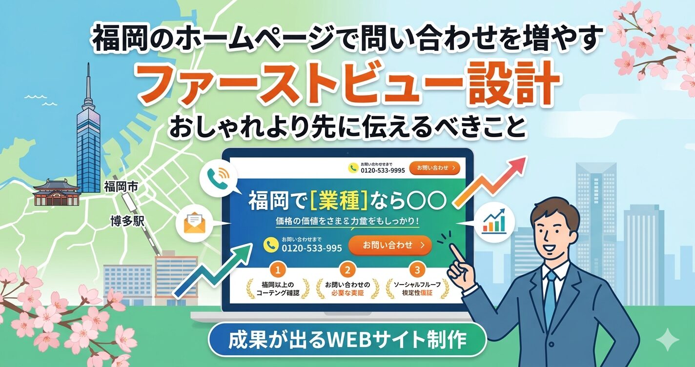 福岡のホームページで問い合わせを増やすファーストビュー設計を示すアイキャッチ画像