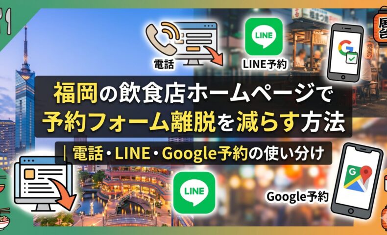 福岡の飲食店ホームページで予約フォーム離脱を減らす方法を示した図解。電話・LINE予約・Google予約の3手段を使い分けるイメージを、福岡の夜景とアイコンで表現したアイキャッチ画像。