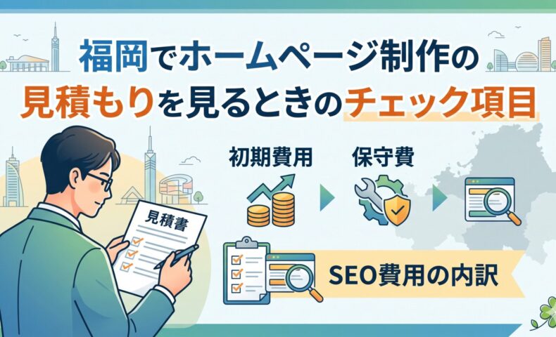 福岡でホームページ制作の見積もりを確認する際に、初期費用・保守費・SEO費用の内訳とチェック項目を解説するアイキャッチ画像