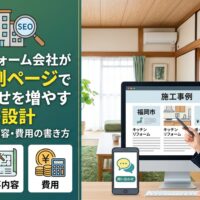 福岡のリフォーム会社が施工事例ページで問い合わせを増やすSEO設計を、地域名・工事内容・費用の3要素で解説するアイキャッチ画像