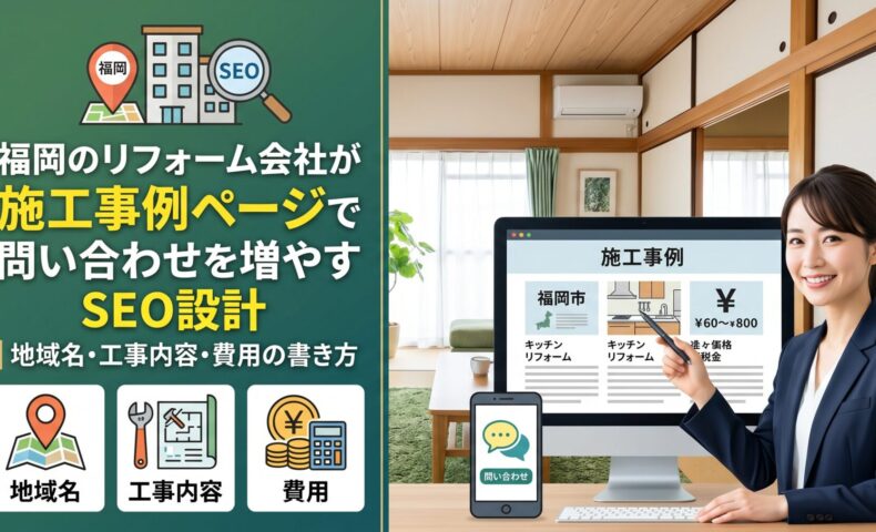 福岡のリフォーム会社が施工事例ページで問い合わせを増やすSEO設計を、地域名・工事内容・費用の3要素で解説するアイキャッチ画像