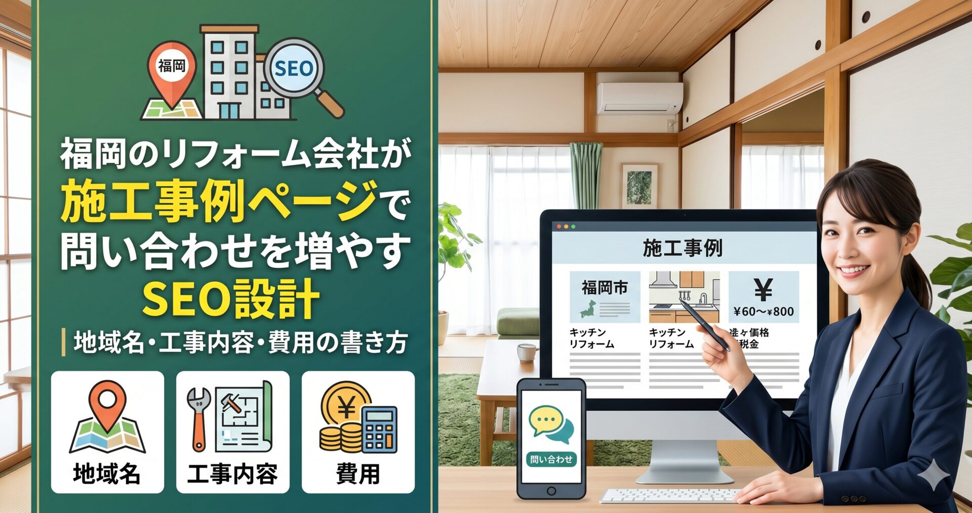 福岡のリフォーム会社が施工事例ページで問い合わせを増やすSEO設計を、地域名・工事内容・費用の3要素で解説するアイキャッチ画像