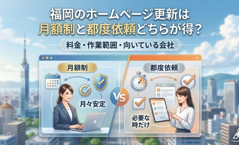 福岡のホームページ更新は月額制と都度依頼どちらが得？料金・作業範囲・向いている会社の比較図