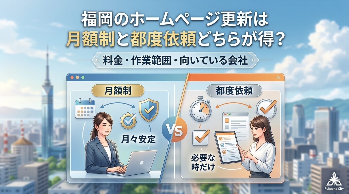 福岡のホームページ更新は月額制と都度依頼どちらが得？料金・作業範囲・向いている会社の比較図
