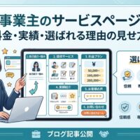個人事業主のサービスページ構成|料金・実績・選ばれる理由の見せ方を示す図解イラスト。自己紹介、提供サービス、料金プラン、実績紹介、お客様の声、お問い合わせの6項目で構成