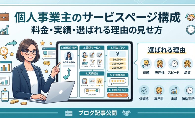 個人事業主のサービスページ構成｜料金・実績・選ばれる理由の見せ方を示す図解イラスト。自己紹介、提供サービス、料金プラン、実績紹介、お客様の声、お問い合わせの6項目で構成