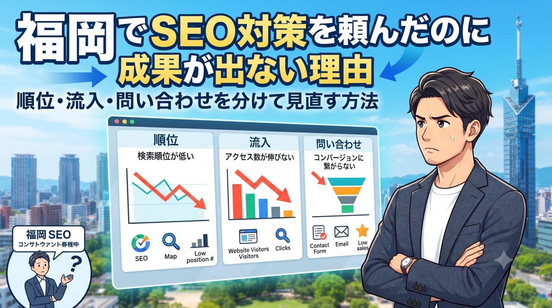 福岡でSEO対策を頼んだのに成果が出ない理由|順位・流入・問い合わせを分けて見直す方法のアイキャッチ画像