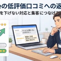 Googleの低評価口コミへの返信例文と、店舗の印象を下げない対応方法を解説するアイキャッチ画像