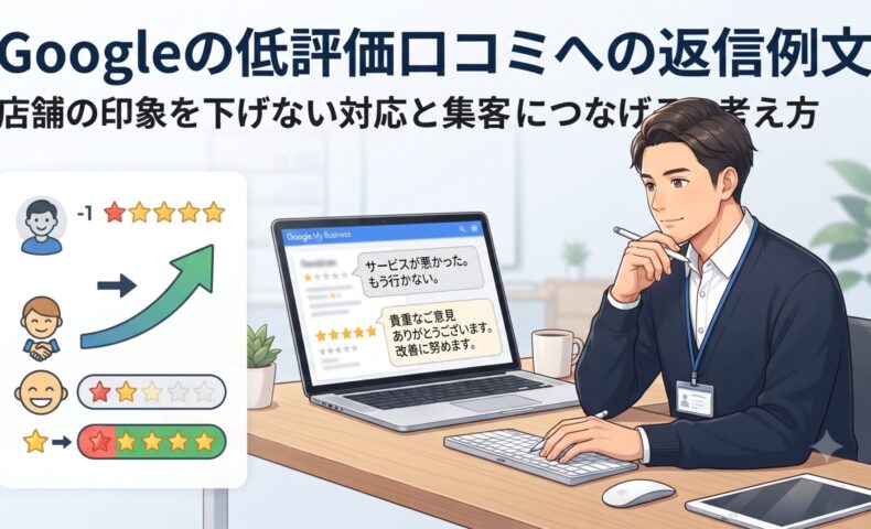 Googleの低評価口コミへの返信例文と、店舗の印象を下げない対応方法を解説するアイキャッチ画像