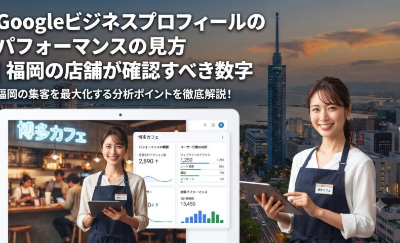 Googleビジネスプロフィールのパフォーマンスの見方を解説するアイキャッチ画像。福岡の店舗が確認すべき数字のイメージ