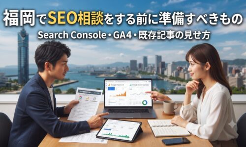福岡でSEO相談をする前に準備すべきものを解説するアイキャッチ画像。Search Console・GA4・既存記事の見せ方のイメージ