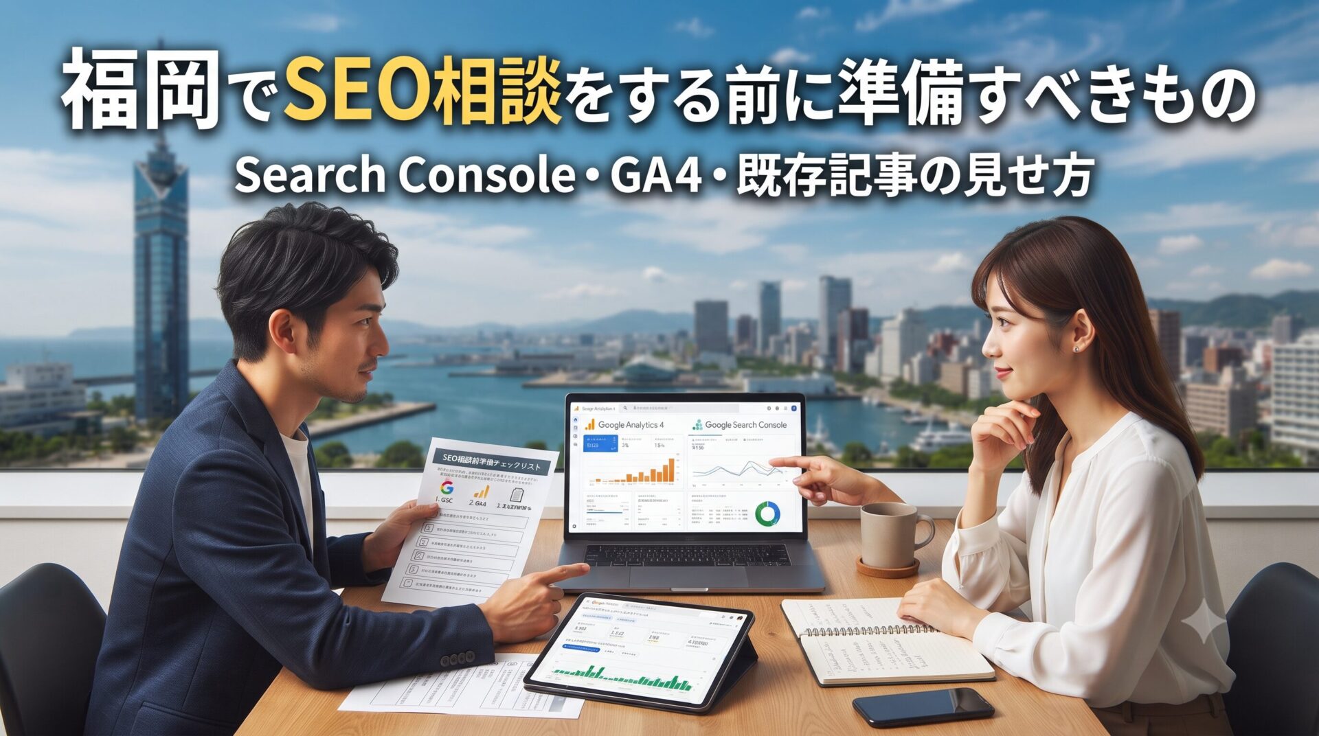 福岡でSEO相談をする前に準備すべきものを解説するアイキャッチ画像。Search Console・GA4・既存記事の見せ方のイメージ