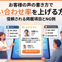 お客様の声の書き方で問い合わせ率を上げる方法|信頼される掲載項目(実名・具体的な成果・悩みと解決)とNG例(匿名・誇大表現)を示すイラスト