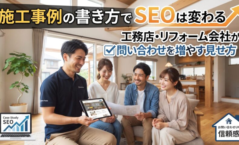 施工事例の書き方でSEOは変わる｜工務店の担当者がタブレットで施工事例ページを家族に見せながら説明している様子
