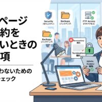 ホームページ保守契約をやめたいときの確認事項を示すアイキャッチ画像。解約前に確認すべき権限・バックアップ・所有権のチェック項目を解説するイラスト