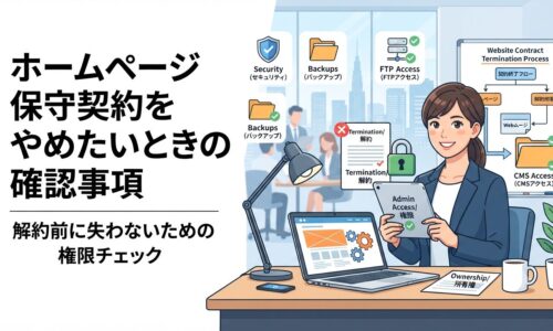 ホームページ保守契約をやめたいときの確認事項を示すアイキャッチ画像。解約前に確認すべき権限・バックアップ・所有権のチェック項目を解説するイラスト
