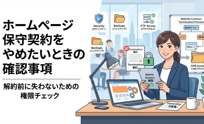 ホームページ保守契約をやめたいときの確認事項を示すアイキャッチ画像。解約前に確認すべき権限・バックアップ・所有権のチェック項目を解説するイラスト
