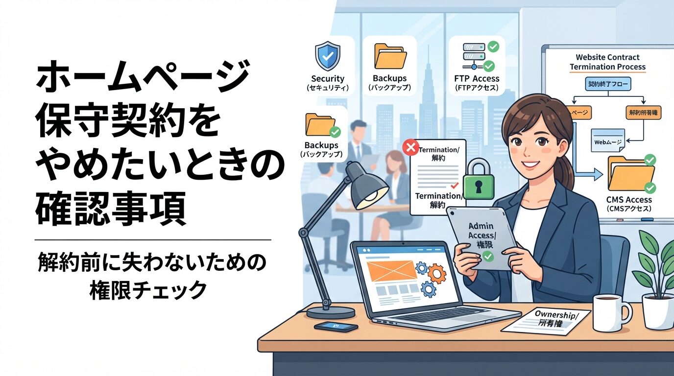 ホームページ保守契約をやめたいときの確認事項を示すアイキャッチ画像。解約前に確認すべき権限・バックアップ・所有権のチェック項目を解説するイラスト