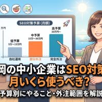 福岡の中小企業がSEO対策に月いくら使うべきか、予算別にやること・外注範囲を解説するアイキャッチ画像
