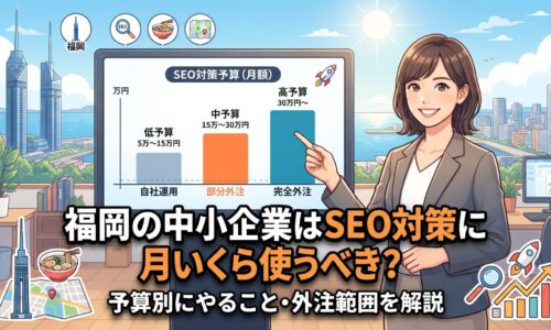 福岡の中小企業がSEO対策に月いくら使うべきか、予算別にやること・外注範囲を解説するアイキャッチ画像