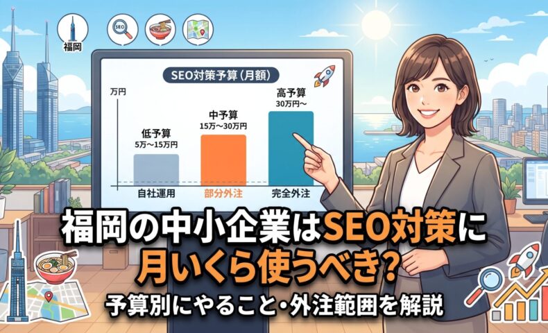 福岡の中小企業がSEO対策に月いくら使うべきか、予算別にやること・外注範囲を解説するアイキャッチ画像