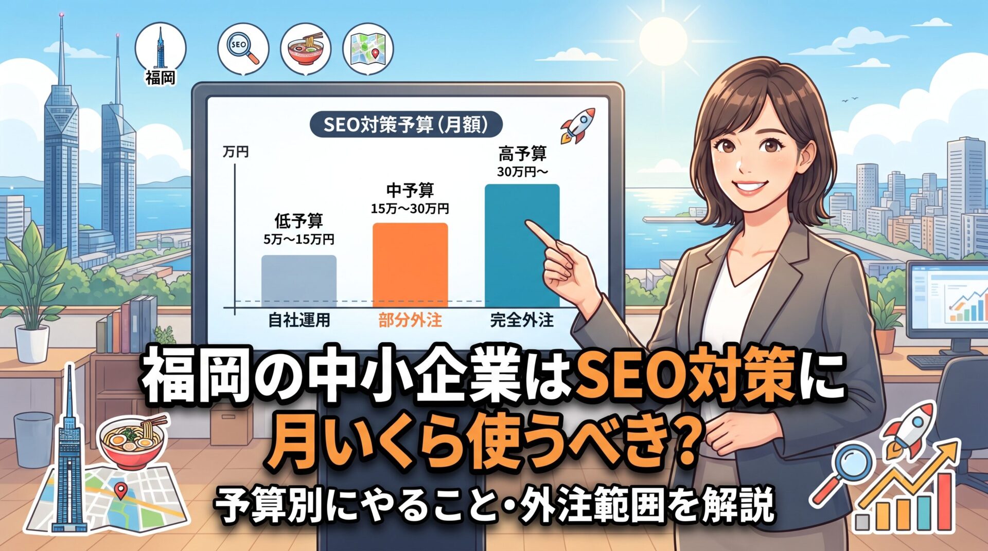 福岡の中小企業がSEO対策に月いくら使うべきか、予算別にやること・外注範囲を解説するアイキャッチ画像