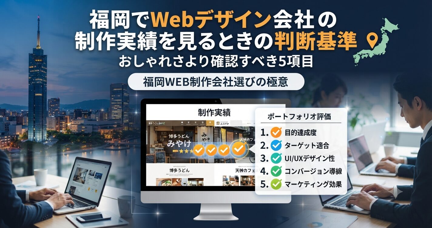福岡でWebデザイン会社の制作実績を見るときの判断基準を示すアイキャッチ画像。目的達成度・ターゲット適合・UI/UXデザイン性・コンバージョン導線・マーケティング効果の5項目を解説