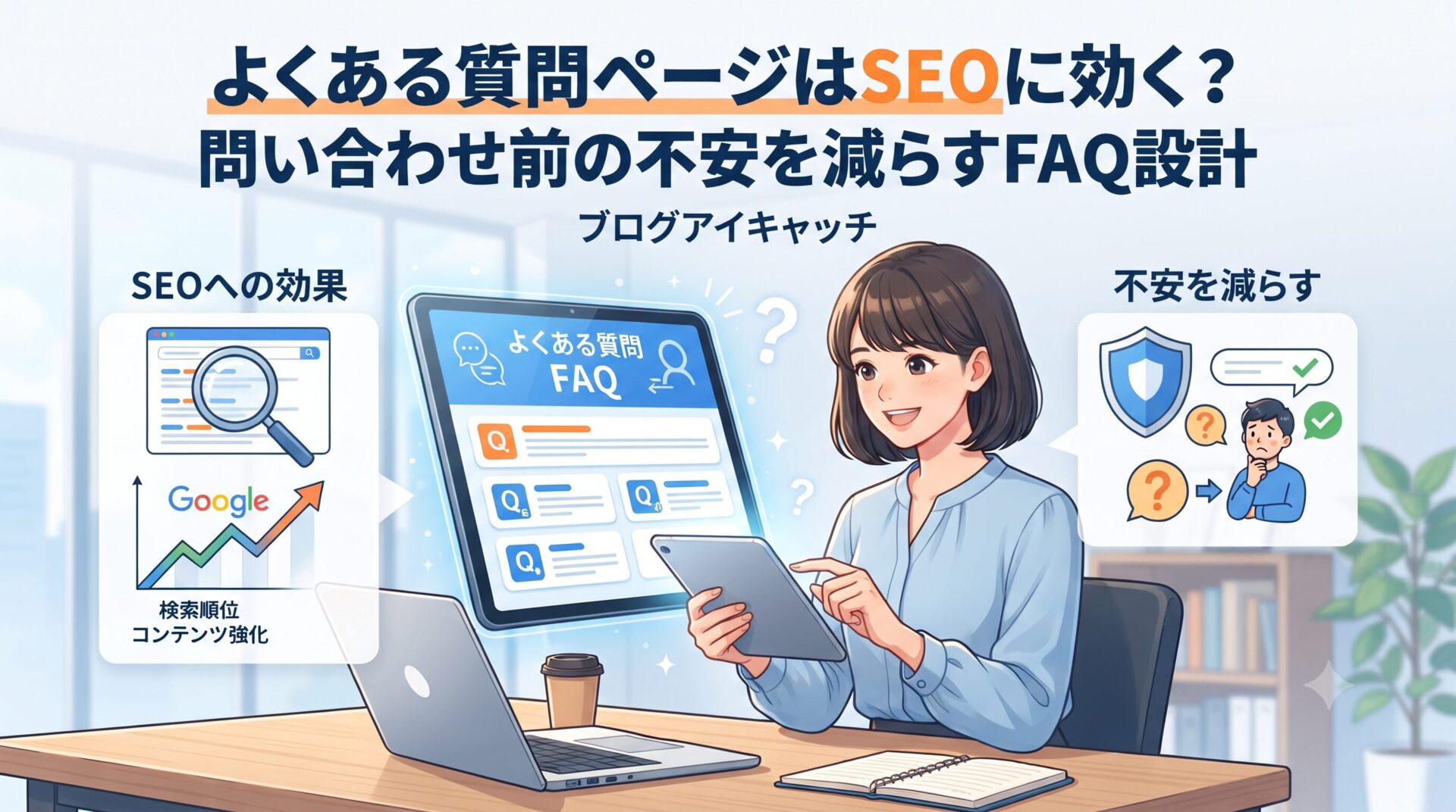 よくある質問ページはSEOに効く?問い合わせ前の不安を減らすFAQ設計|検索順位向上とユーザーの不安解消を示すイラスト
