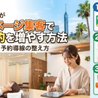 福岡の整体院がホームページ集客で新規予約を増やす方法を示すアイキャッチ画像。MEO対策・口コミ活用・予約導線の3ステップを解説