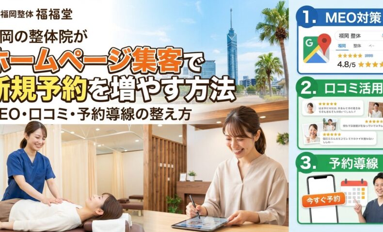 福岡の整体院がホームページ集客で新規予約を増やす方法を示すアイキャッチ画像。MEO対策・口コミ活用・予約導線の3ステップを解説