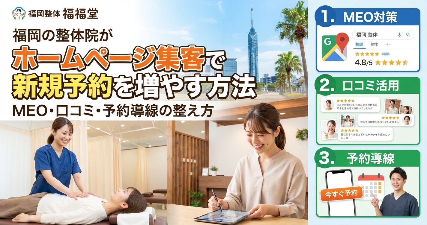 福岡の整体院がホームページ集客で新規予約を増やす方法を示すアイキャッチ画像。MEO対策・口コミ活用・予約導線の3ステップを解説