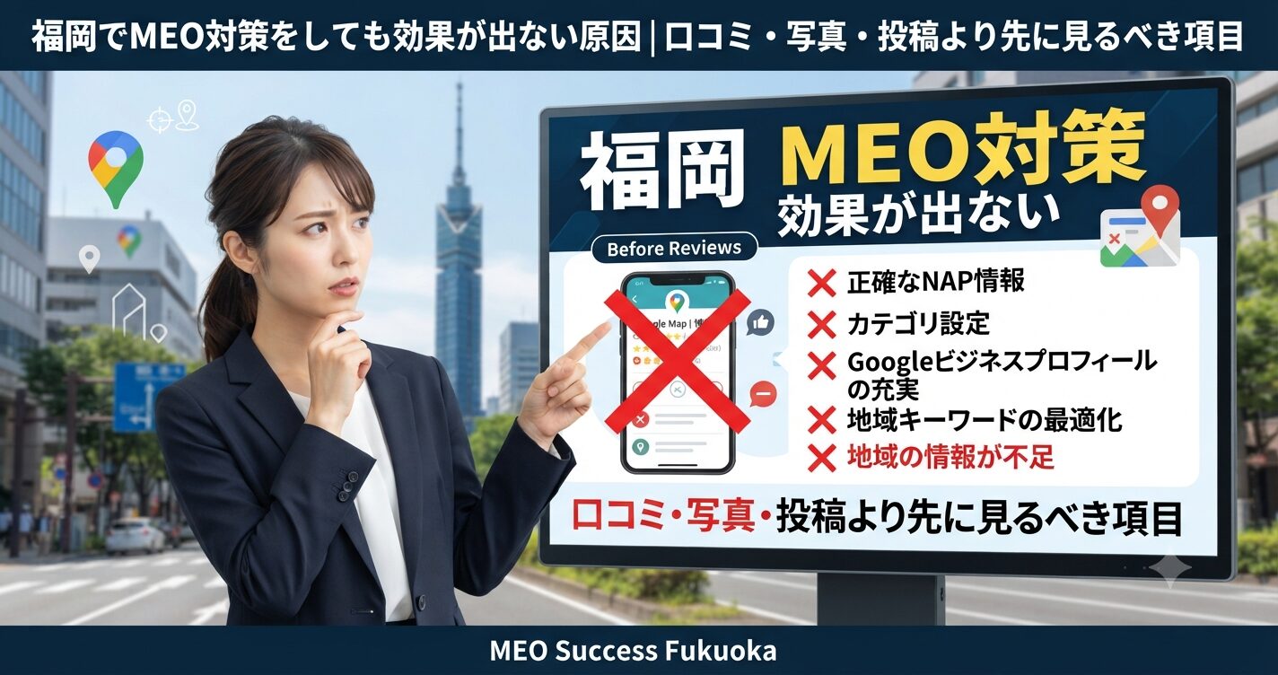 福岡でMEO対策をしても効果が出ない原因を示すアイキャッチ画像。NAP情報・カテゴリ設定・Googleビジネスプロフィール・地域キーワードの見直しポイントを解説