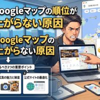 福岡でGoogleマップの順位が上がらない原因を解説するアイキャッチ画像。口コミ・写真・公式サイトの確認ポイントのイメージ
