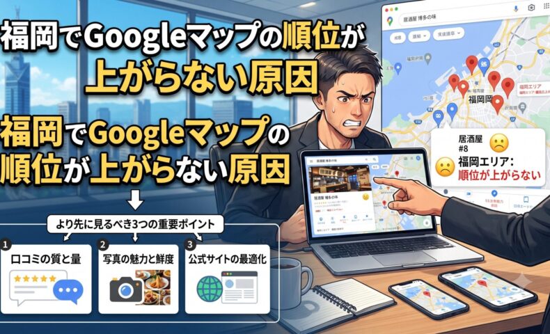 福岡でGoogleマップの順位が上がらない原因を解説するアイキャッチ画像。口コミ・写真・公式サイトの確認ポイントのイメージ