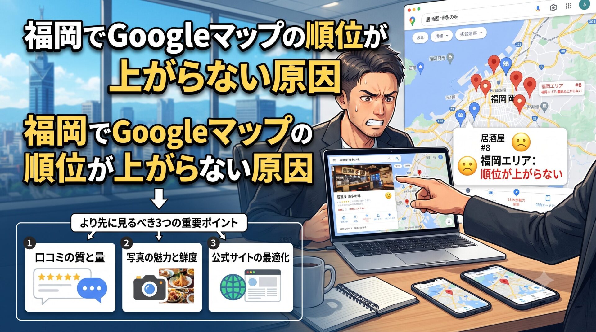 福岡でGoogleマップの順位が上がらない原因を解説するアイキャッチ画像。口コミ・写真・公式サイトの確認ポイントのイメージ