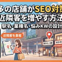 博多の店舗がSEO対策で近隣客を増やす方法を解説するアイキャッチ画像。駅名・業種名・悩みKWの設計イメージ