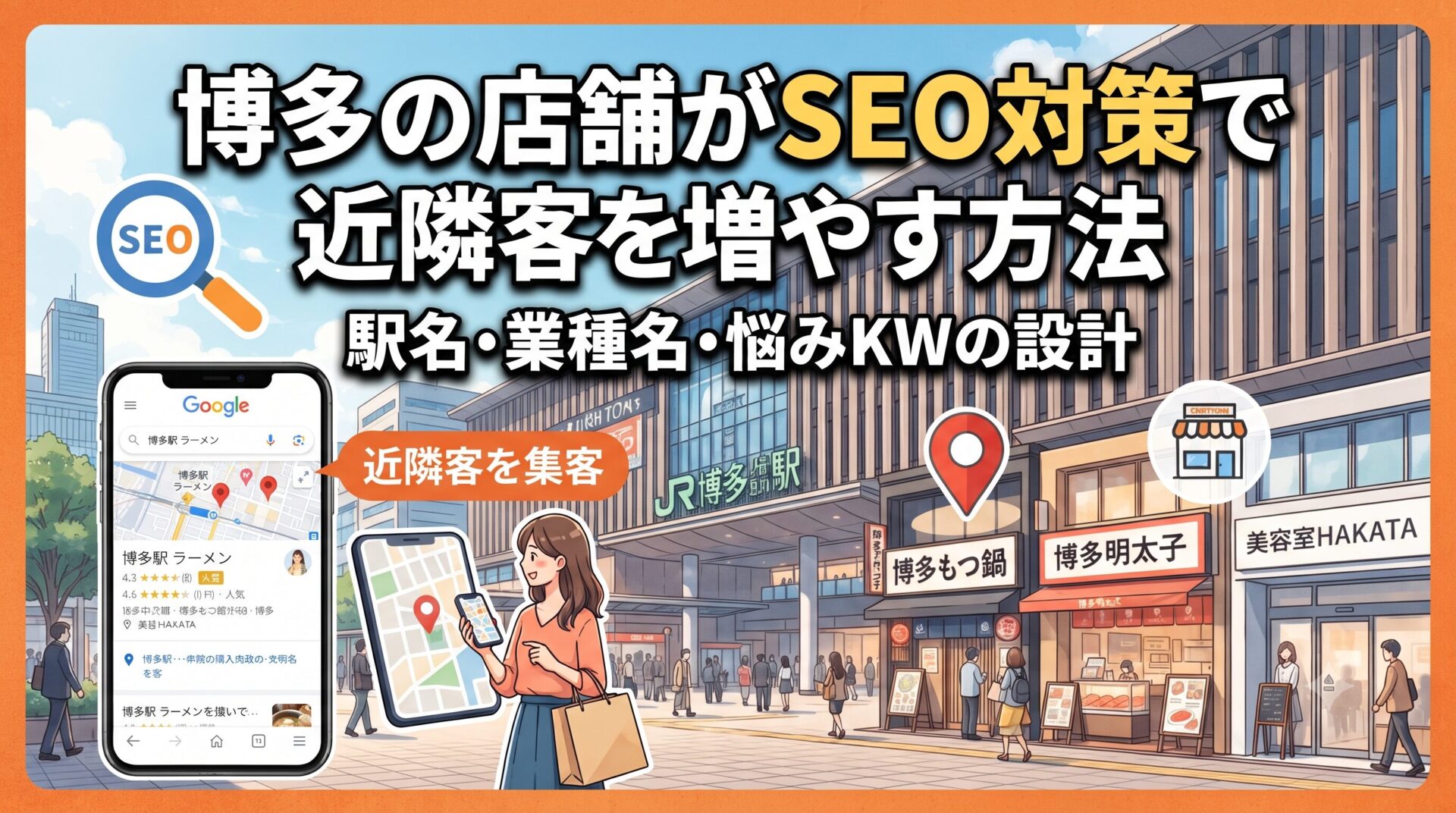 博多の店舗がSEO対策で近隣客を増やす方法を解説するアイキャッチ画像。駅名・業種名・悩みKWの設計イメージ