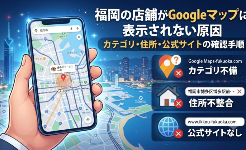 福岡の店舗がGoogleマップに表示されない原因を解説するアイキャッチ画像。カテゴリ不備・住所不整合・公式サイトなしのイメージ