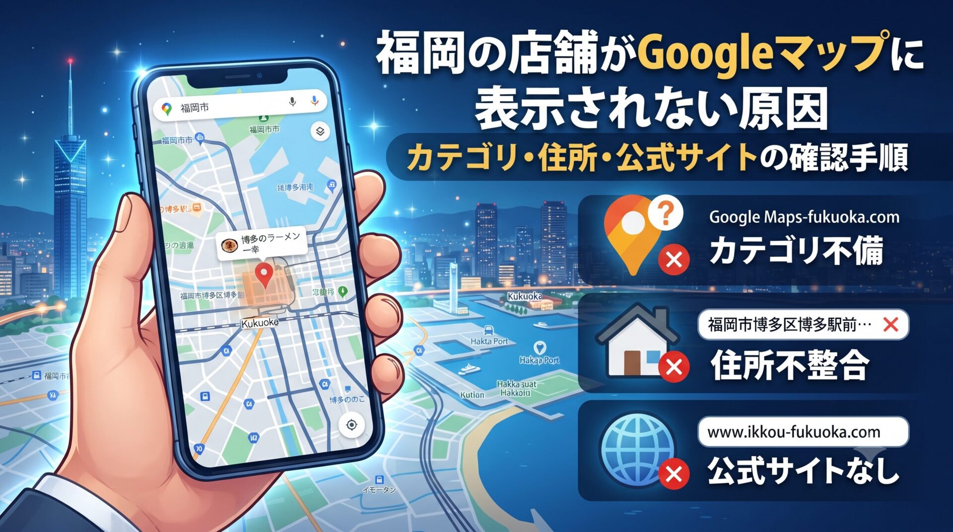 福岡の店舗がGoogleマップに表示されない原因を解説するアイキャッチ画像。カテゴリ不備・住所不整合・公式サイトなしのイメージ