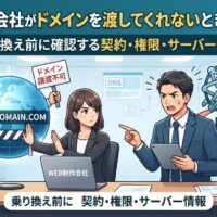 Web制作会社がドメインを渡してくれない状況を表すアイキャッチ画像。乗り換え前に確認すべき契約・権限・サーバー情報を解説するイラスト