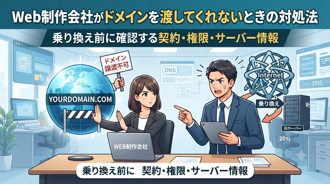 Web制作会社がドメインを渡してくれない状況を表すアイキャッチ画像。乗り換え前に確認すべき契約・権限・サーバー情報を解説するイラスト