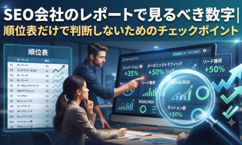 SEO会社のレポートで見るべき数字と、順位表だけで判断しないためのチェックポイントを解説するアイキャッチ画像