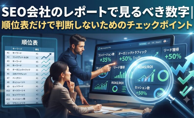 SEO会社のレポートで見るべき数字と、順位表だけで判断しないためのチェックポイントを解説するアイキャッチ画像