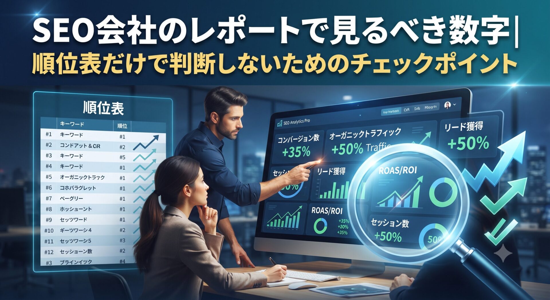 SEO会社のレポートで見るべき数字と、順位表だけで判断しないためのチェックポイントを解説するアイキャッチ画像
