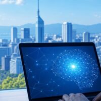 福岡の生成AI検索からの流入を増やす戦略を表す、ノートパソコンに表示された検索画面と福岡の街並み